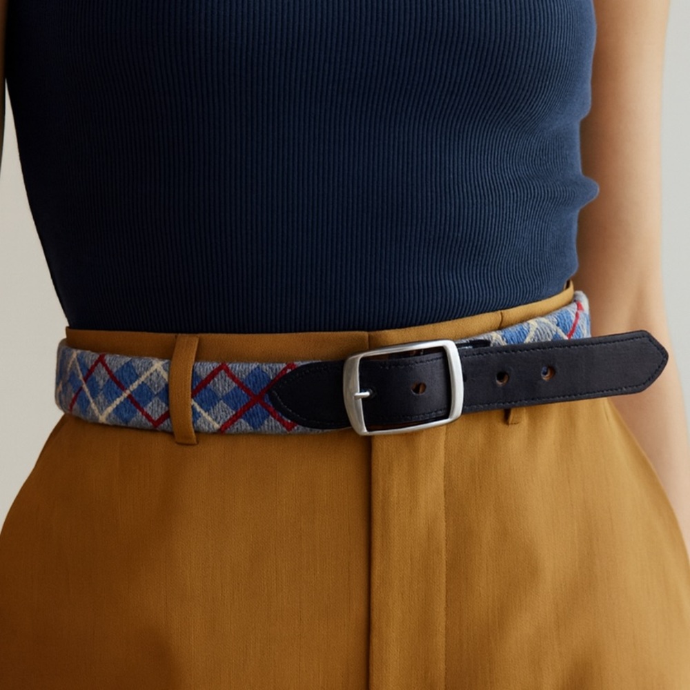 VINTAGE PREPPY ACADAMIA UNIQUE ARGYLE PLAID WOOL BELT LEATHER 34